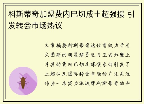 科斯蒂奇加盟费内巴切成土超强援 引发转会市场热议