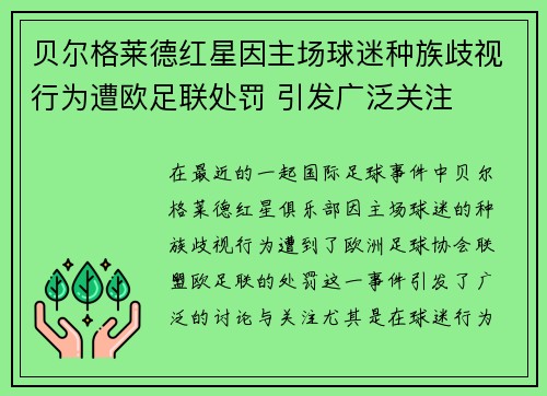贝尔格莱德红星因主场球迷种族歧视行为遭欧足联处罚 引发广泛关注